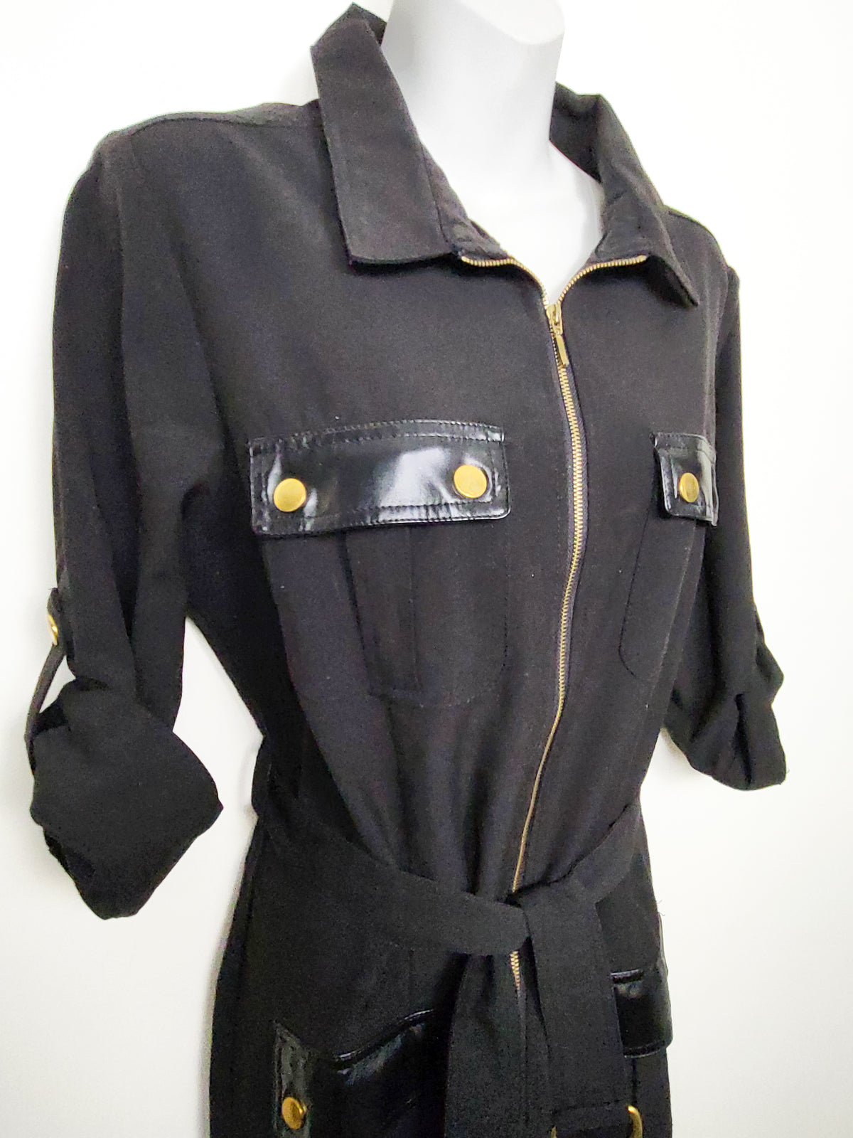 Sharagano Black Zip-Front Utility Shirt Dress with Faux-Leather Trim | Size 12