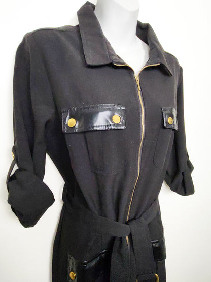 Sharagano Black Zip-Front Utility Shirt Dress with Faux-Leather Trim | Size 12