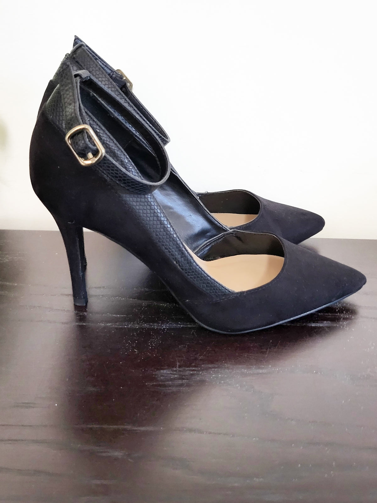 New Look Black  Faux-Suede & Snake-Trim Pointed Ankle-Strap Pumps | Size 5