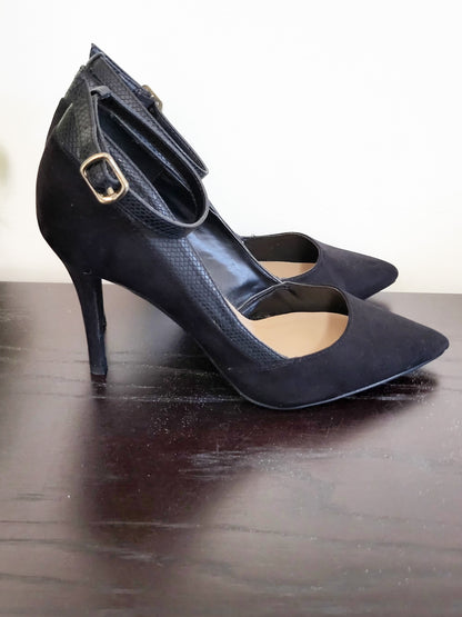 New Look Black  Faux-Suede & Snake-Trim Pointed Ankle-Strap Pumps | Size 5