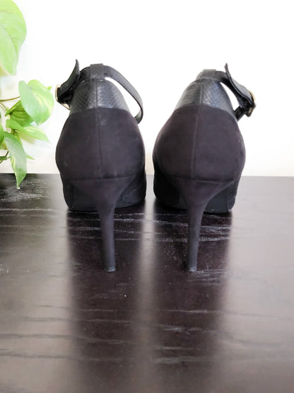 New Look Black  Faux-Suede & Snake-Trim Pointed Ankle-Strap Pumps | Size 5