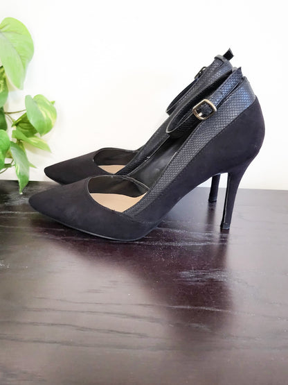 New Look Black  Faux-Suede & Snake-Trim Pointed Ankle-Strap Pumps | Size 5