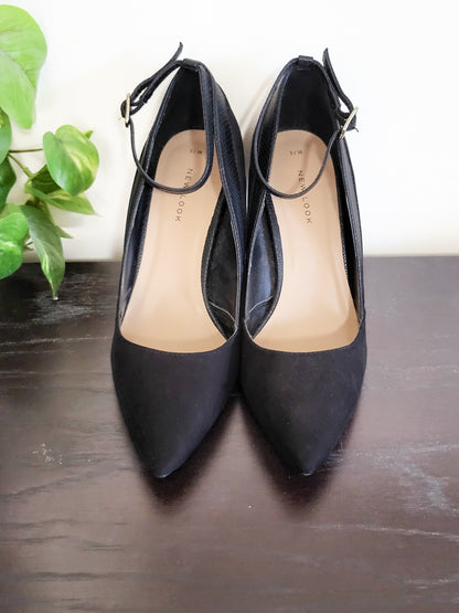 New Look Black  Faux-Suede & Snake-Trim Pointed Ankle-Strap Pumps | Size 5