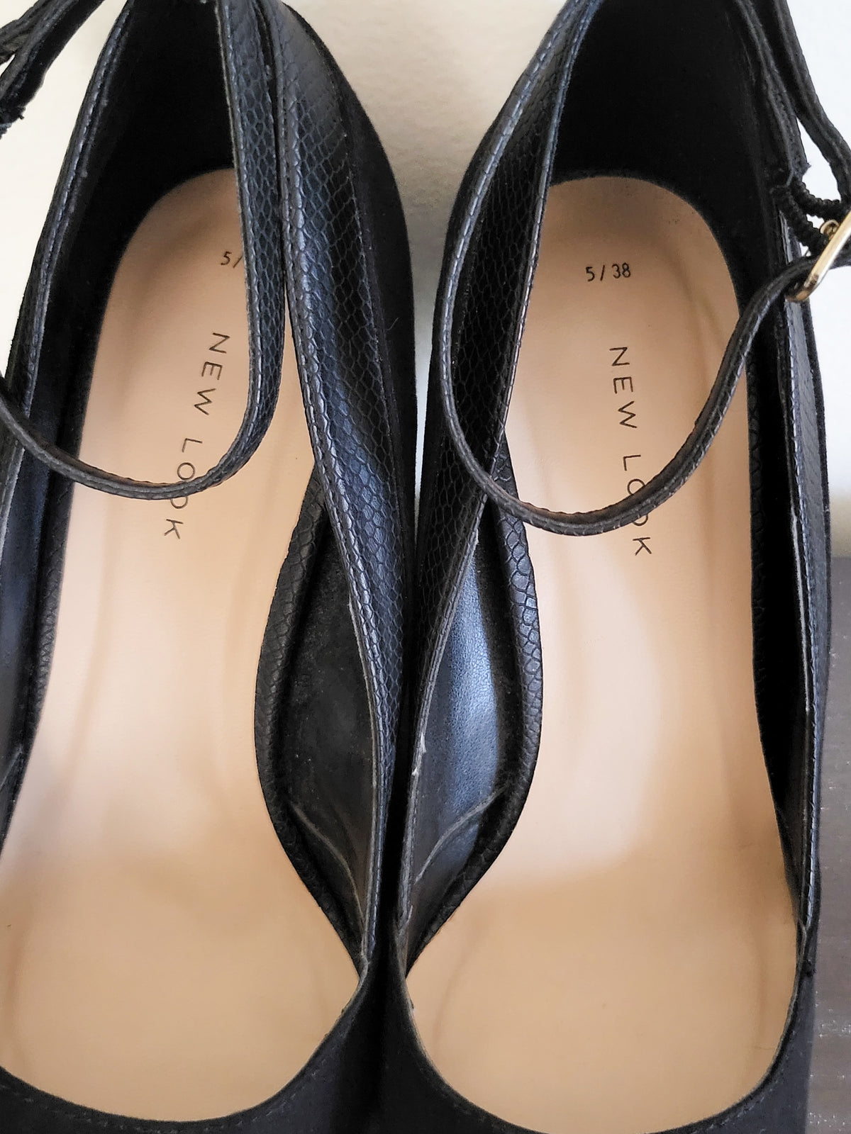 New Look Black  Faux-Suede & Snake-Trim Pointed Ankle-Strap Pumps | Size 5