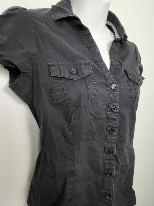 Urban Heritage Black Cap-Sleeve Button-Up Utility Blouse | Size MEDIUM