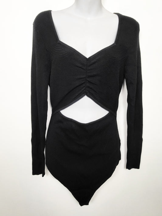 NEW - Abercrombie & Fitch Black "softAF" Long-Sleeve Twist-Front Cutout Rib Knit Bodysuit | Size XL