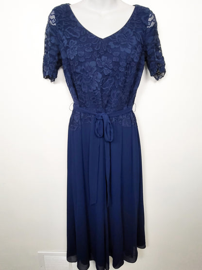 Jacques Vert Collection Navy Lace & Chiffon Midi Dress - Size 8 (Medium)