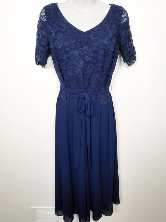 Jacques Vert Collection Navy Lace & Chiffon Midi Dress - Size 8 (Medium)