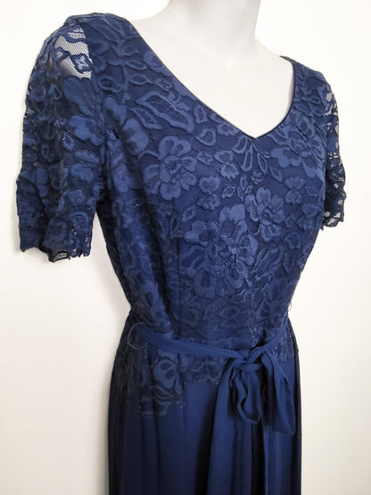 Jacques Vert Collection Navy Lace & Chiffon Midi Dress - Size 8 (Medium)