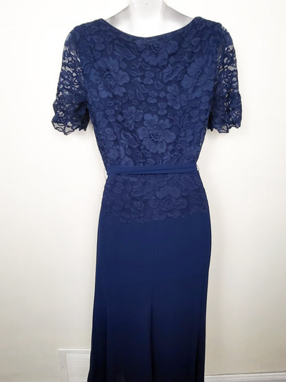 Jacques Vert Collection Navy Lace & Chiffon Midi Dress - Size 8 (Medium)