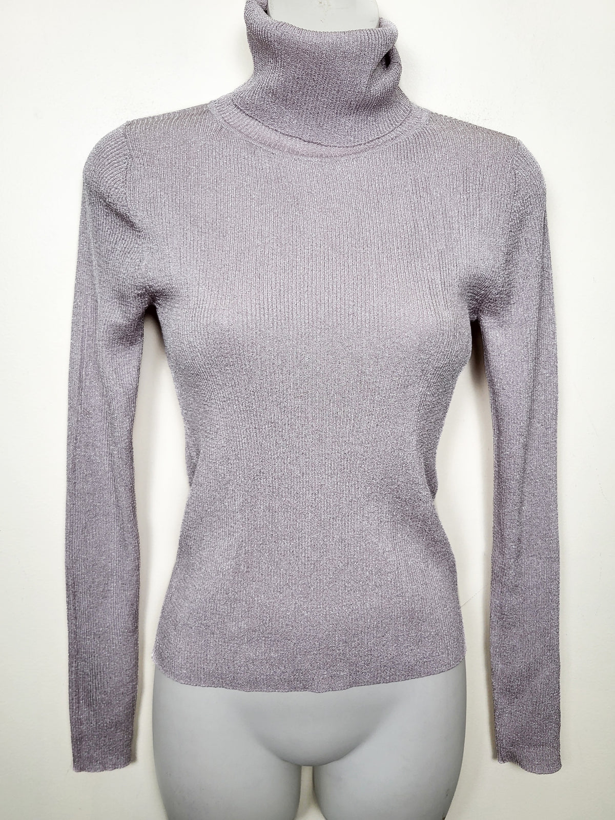 Mango (MNG) Women's Lavendar and Silver Fine-Knit Metallic Turtleneck Sweater - Size Small