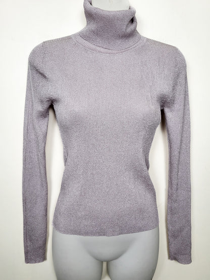 Mango (MNG) Women's Lavendar and Silver Fine-Knit Metallic Turtleneck Sweater - Size Small