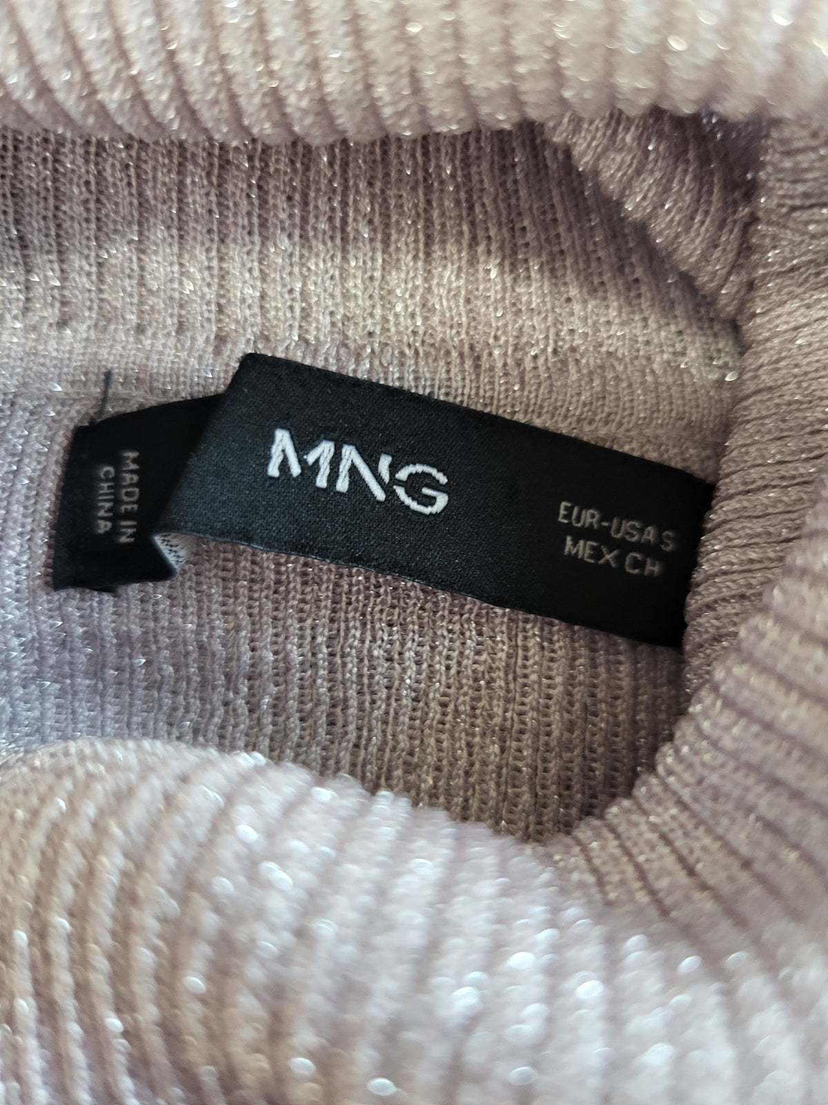 Mango (MNG) Women's Lavendar and Silver Fine-Knit Metallic Turtleneck Sweater - Size Small