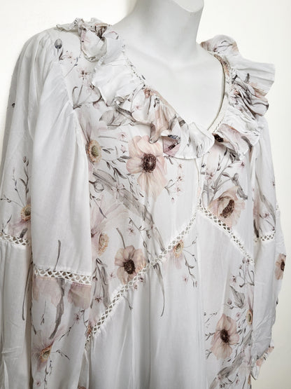 H&M Floral Ruffle V-Neck Smock Dress in Cream and Pink - Size 4 (Small)
