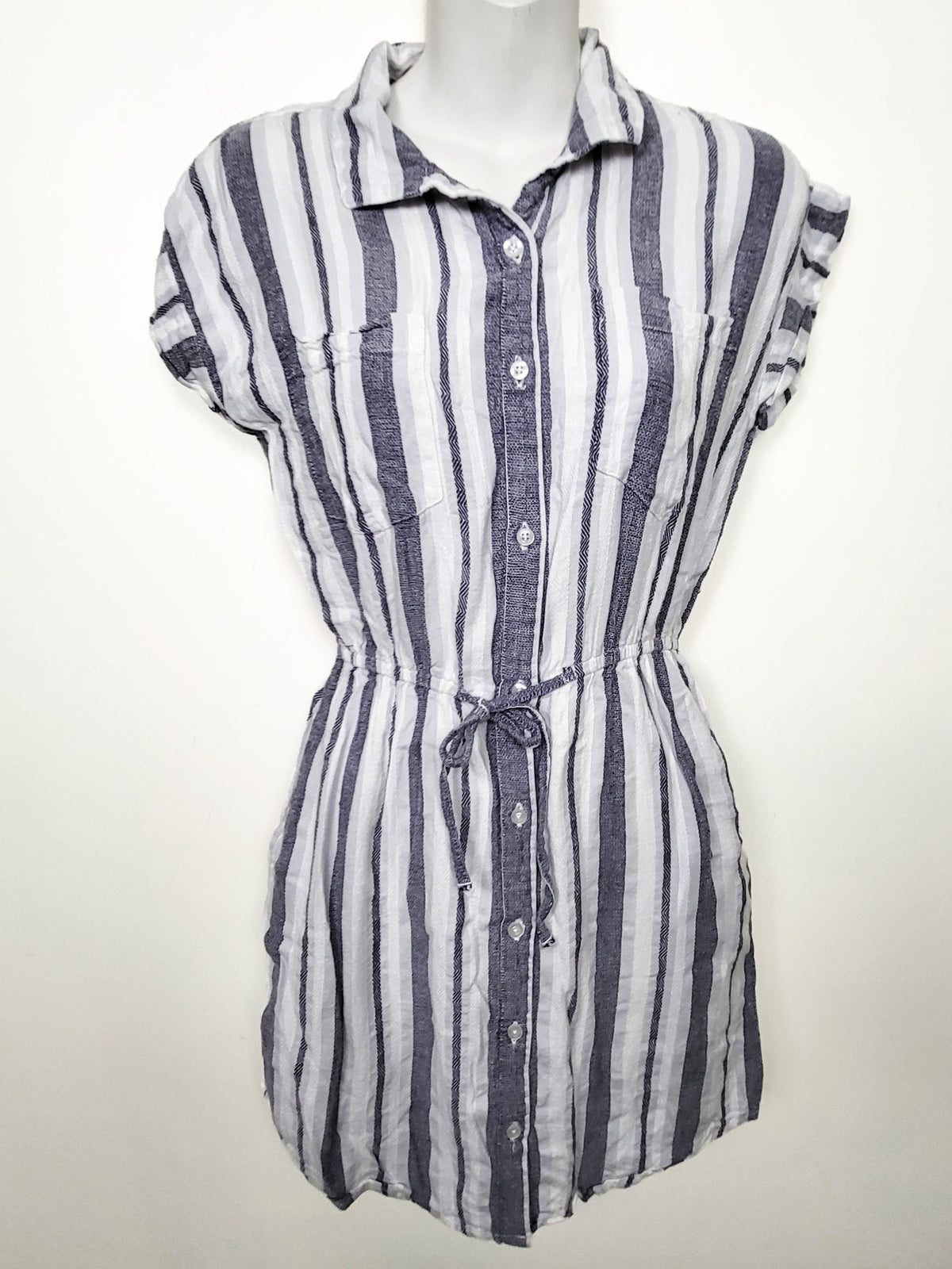 Japna Blue Striped Cap-Sleeve Shirt Dress - Size Medium