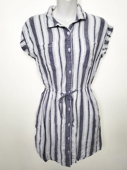 Japna Blue Striped Cap-Sleeve Shirt Dress - Size Medium