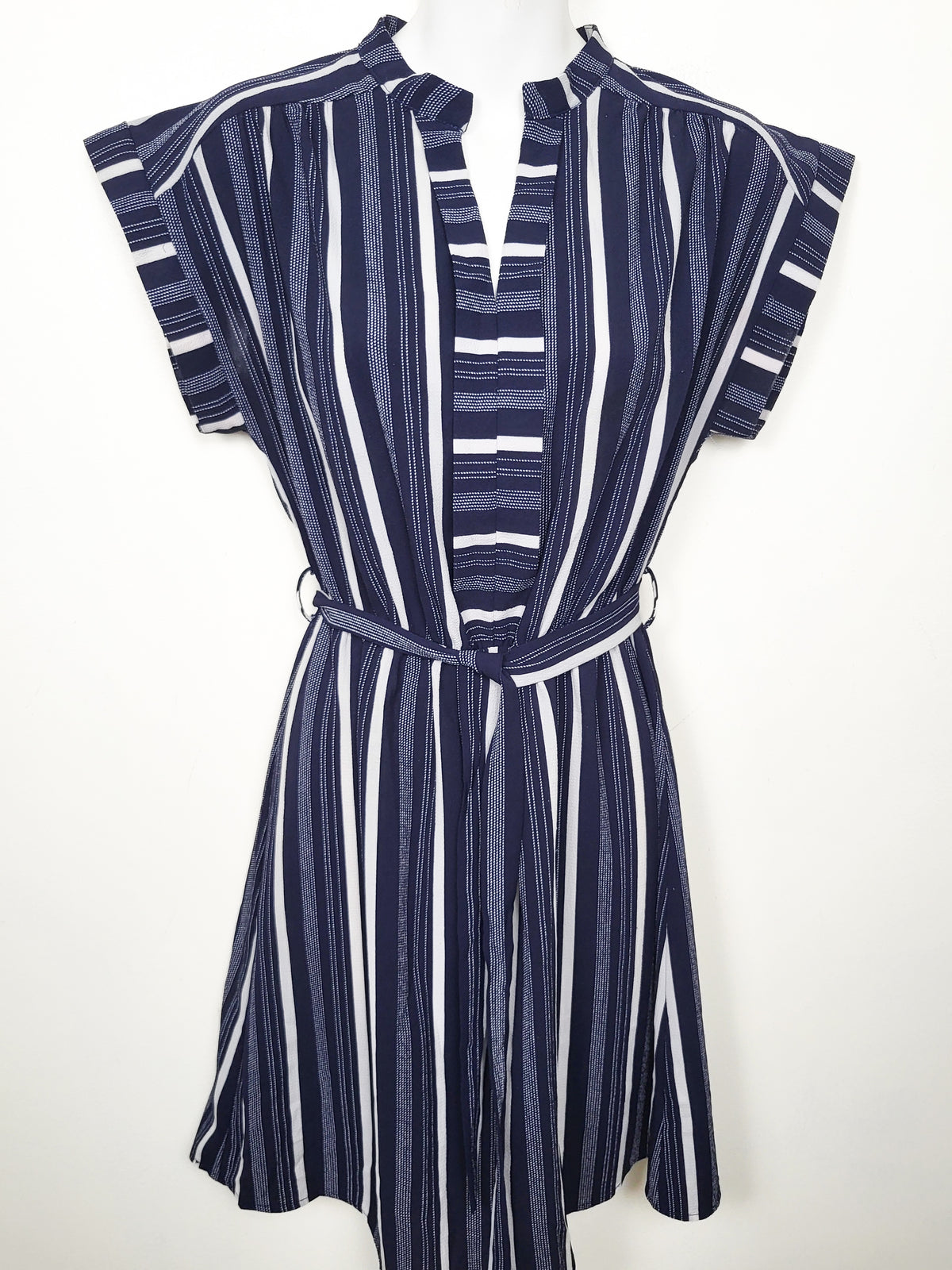 Monteau Los Angeles Navy Striped Cap-Sleeve Dress - Size Large