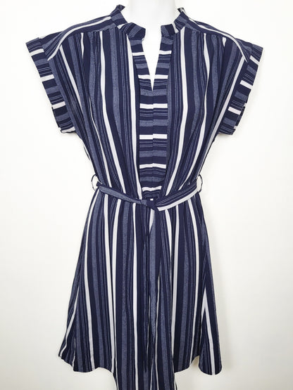 Monteau Los Angeles Navy Striped Cap-Sleeve Dress - Size Large