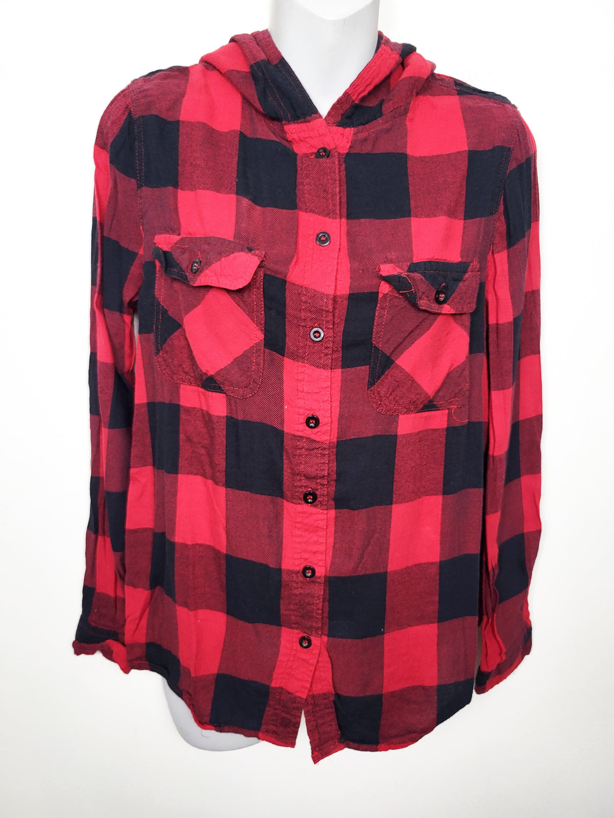 Bluenotes red buffalo plaid hooded "Boyfriend Fit" button down shirt - Women's size small