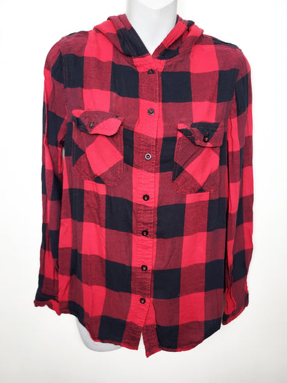 Bluenotes red buffalo plaid hooded "Boyfriend Fit" button down shirt - Women's size small
