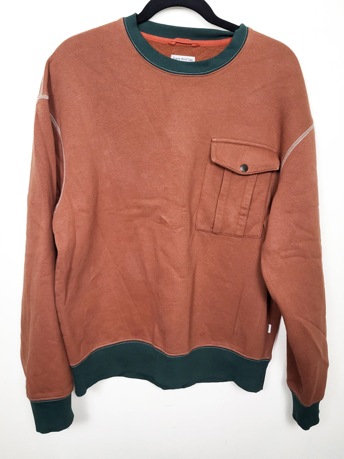 Frank and Oak men's rust coloured fleecy lined crewneck sweatshirt - Size MEDIUM