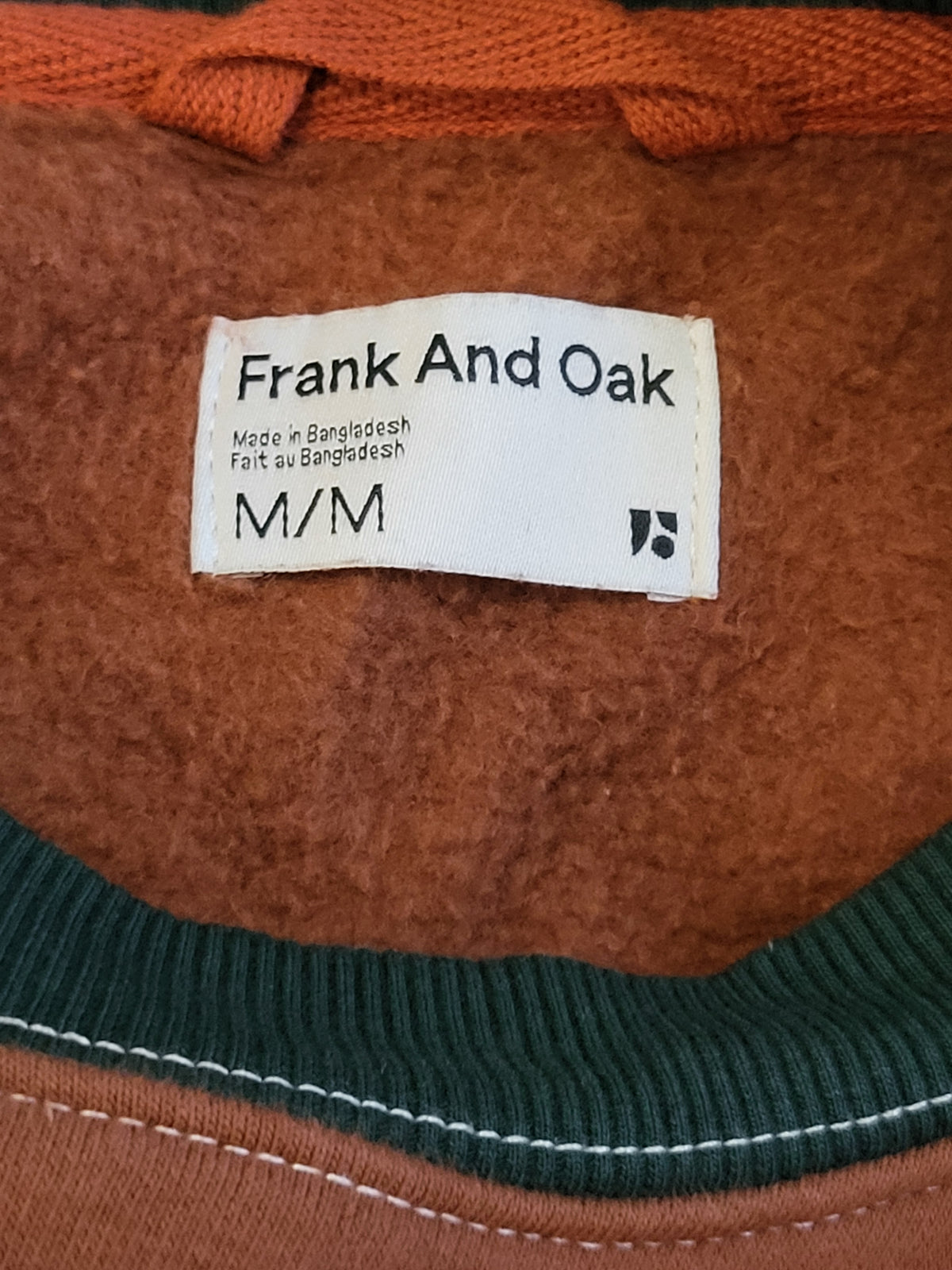 Frank and Oak men's rust coloured fleecy lined crewneck sweatshirt - Size MEDIUM