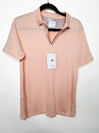 NEW - Denim & Flower by Ricky Singh Men's Quarter-Zip Polo Shirt in Apricot - Size MEDIUM
