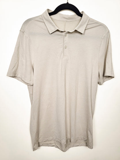 Lululemon Men's Evolution Short Sleeve Polo in Synchronise Stripe Raw Linen / White Opal Colour - Size SMALL