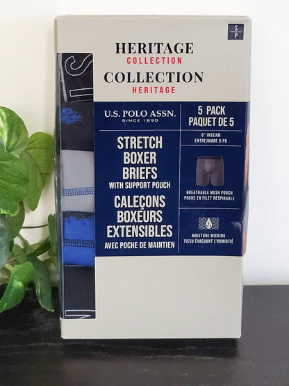 NEW - U.S. Polo Assn. "Heritage Collection" Men's Stretch Boxer Briefs 5-Pack - Size SMALL