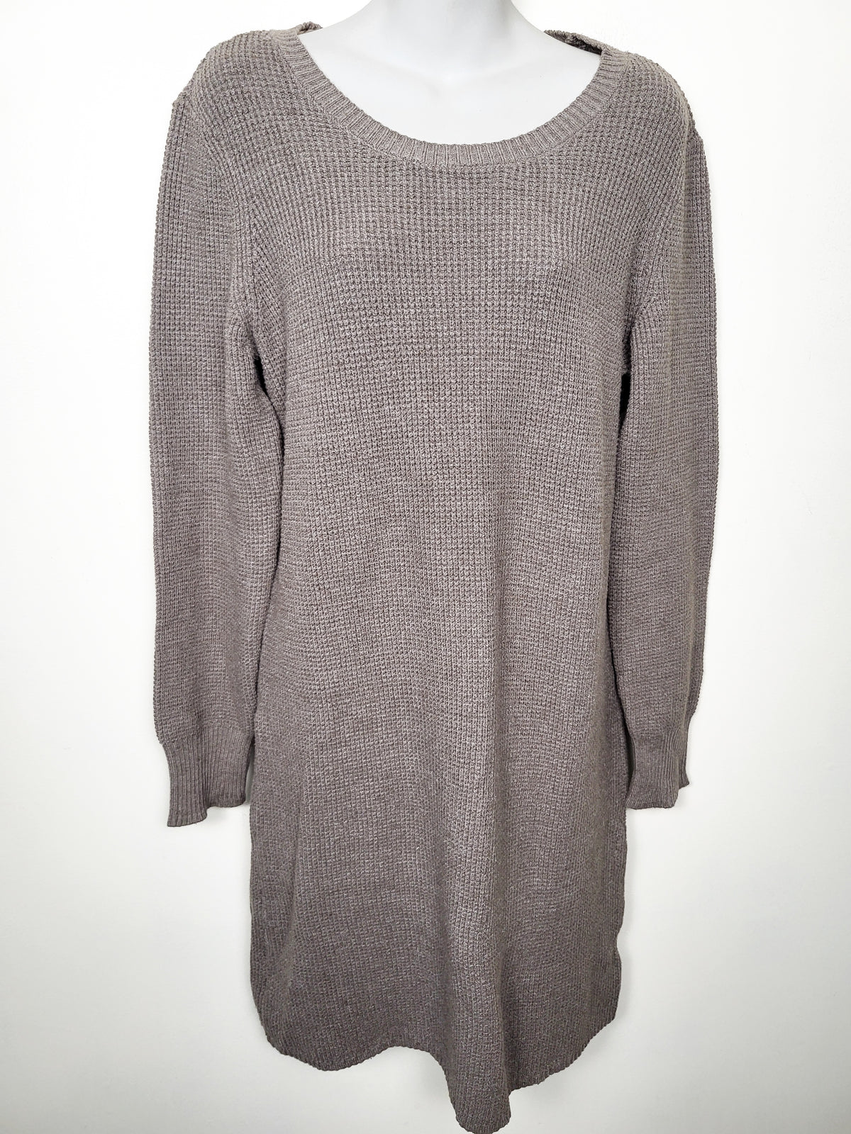 Bootlegger Taupe Waffle-Knit Scoop-Neck Sweater Dress - Size MEDIUM