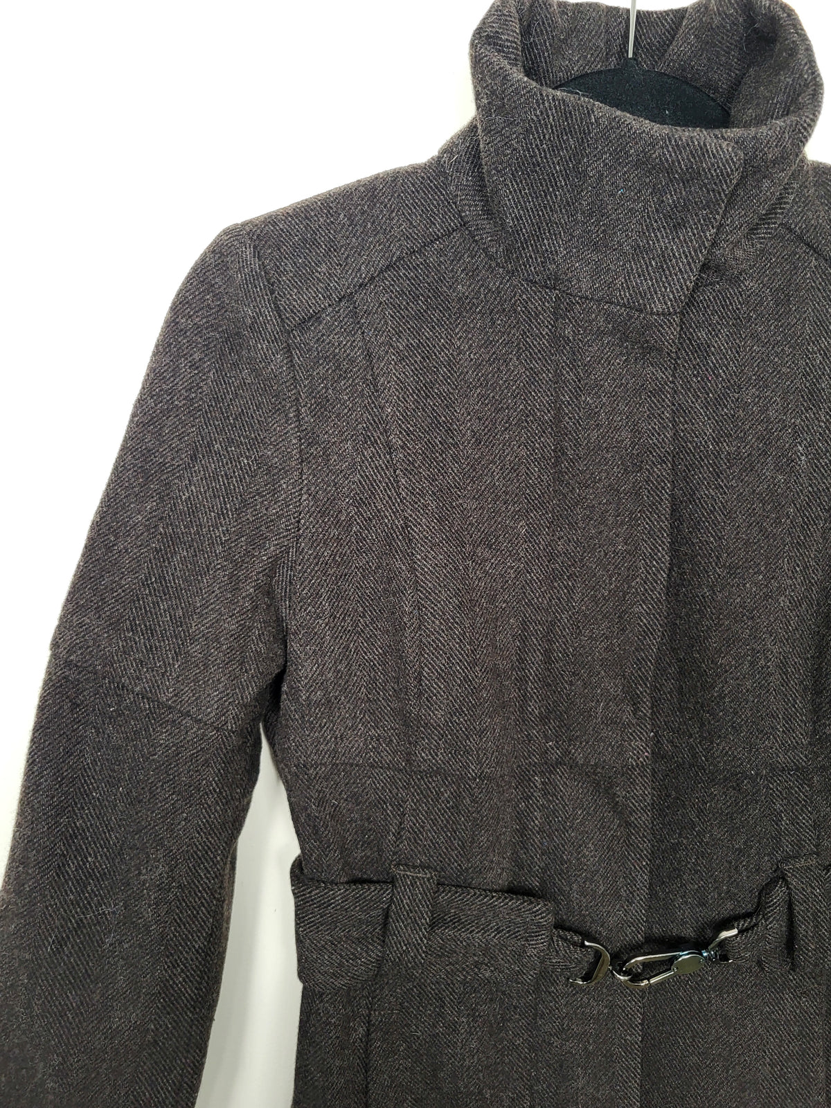 United Colors of Benetton Women's Belted Herringbone Wool Blend Funnel-Neck Coat - Size 38 (XS)