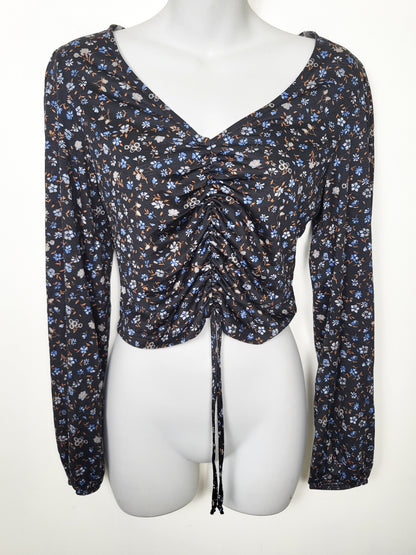 Eclipse Black Floral Ruched Front Drawstring Long-Sleeve Crop Top - Size SMALL