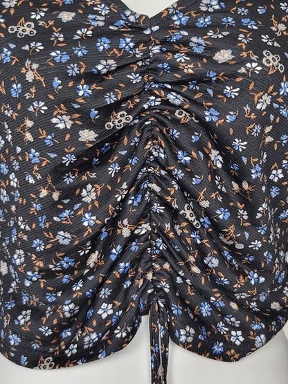 Eclipse Black Floral Ruched Front Drawstring Long-Sleeve Crop Top - Size SMALL