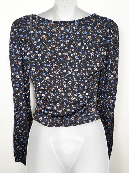 Eclipse Black Floral Ruched Front Drawstring Long-Sleeve Crop Top - Size SMALL