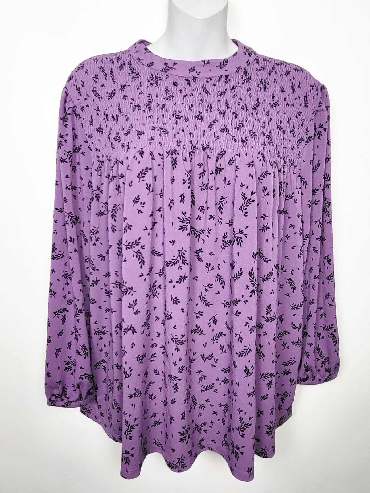 Penman's Purple Floral Print Smocked Mock Neck Blouse - Size 2XL