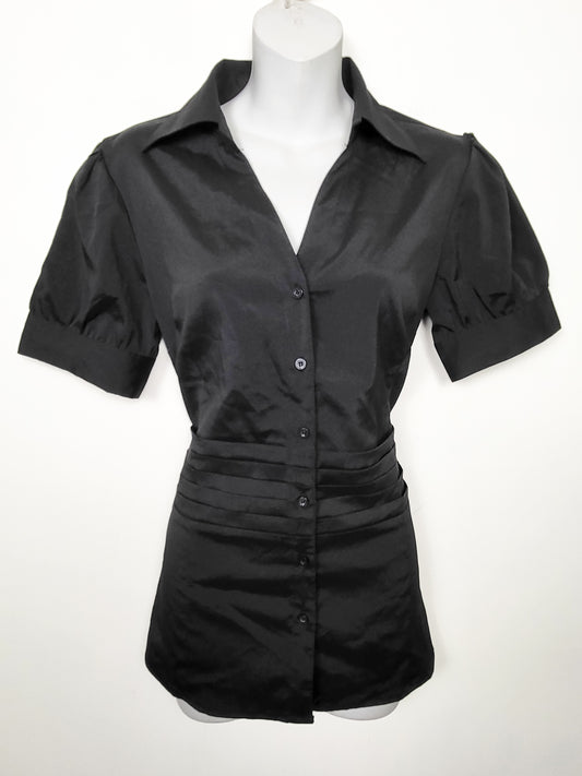 Vintage Beechers Brook Stretch Ruched-Waist Button-Up Blouse in Black - Size Medium