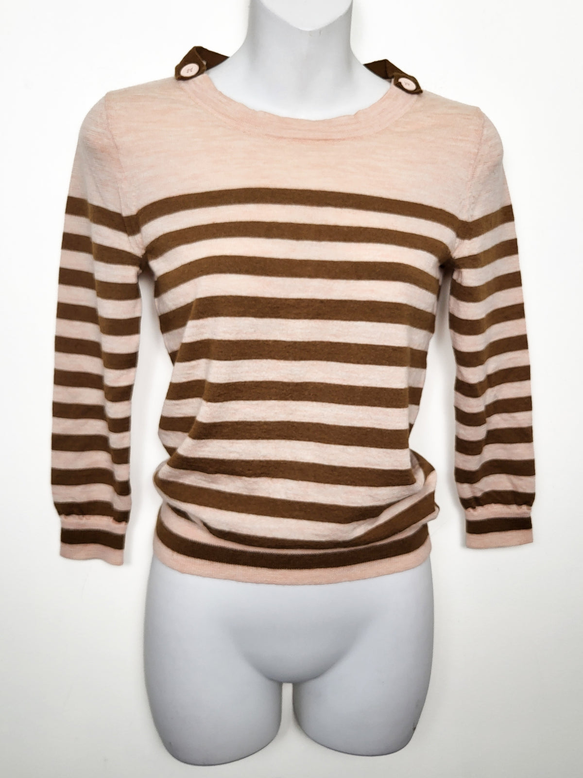 J.Crew 100% Merino Wool Button-Shoulder Striped Sweater in Peach and Brown - Size XS