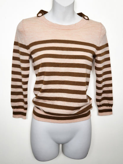 J.Crew 100% Merino Wool Button-Shoulder Striped Sweater in Peach and Brown - Size XS