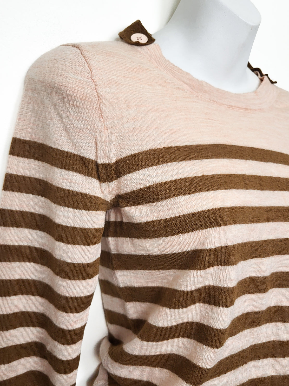 J.Crew 100% Merino Wool Button-Shoulder Striped Sweater in Peach and Brown - Size XS