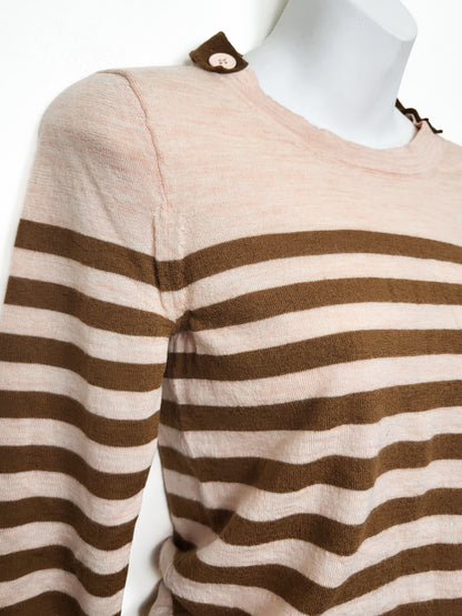 J.Crew 100% Merino Wool Button-Shoulder Striped Sweater in Peach and Brown - Size XS