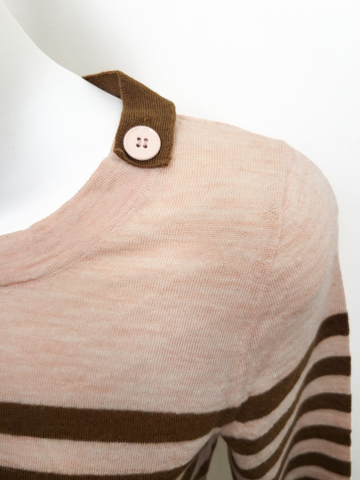 J.Crew 100% Merino Wool Button-Shoulder Striped Sweater in Peach and Brown - Size XS