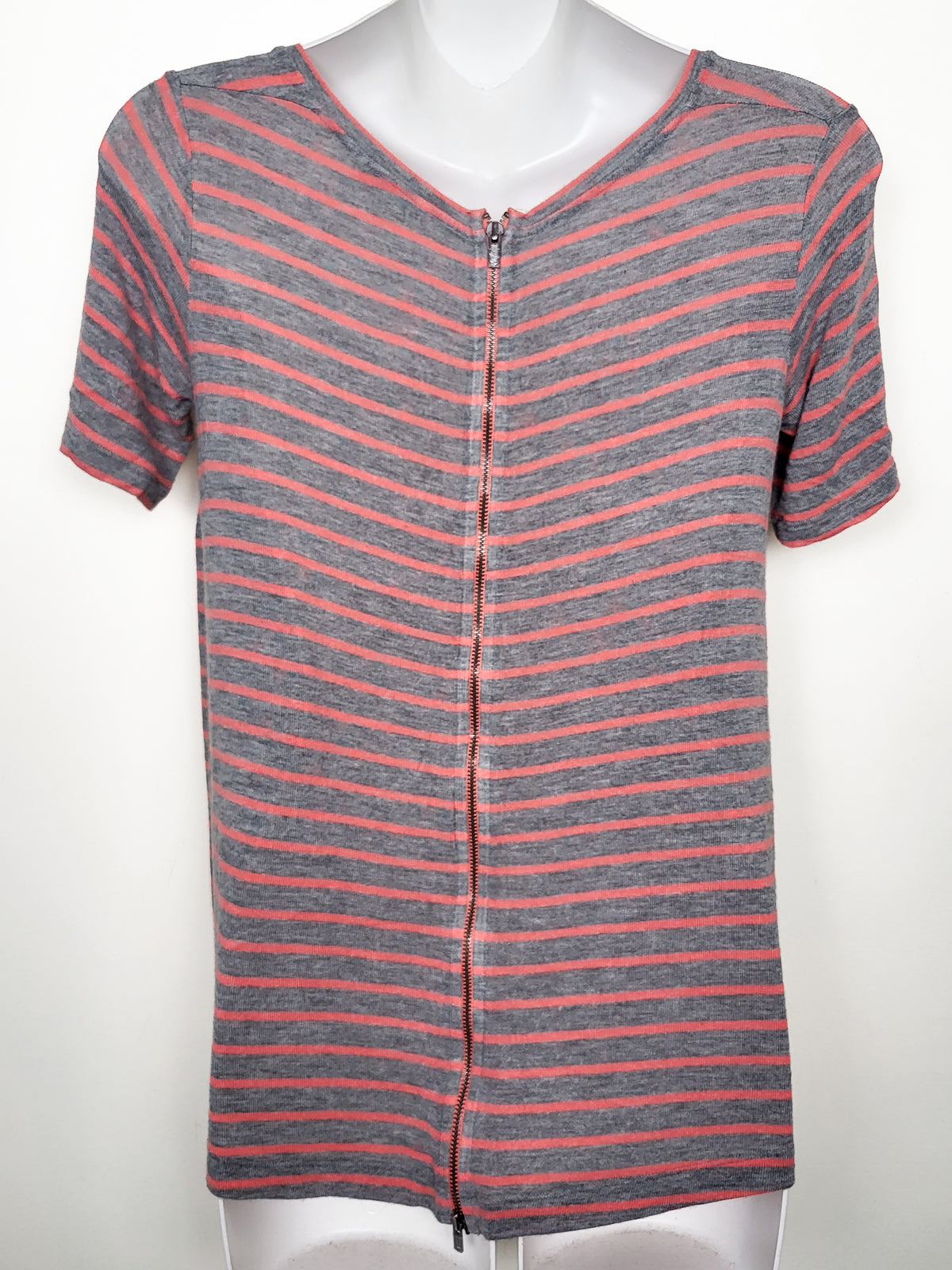 Club Monaco Pink and Grey Full-Zip Back Striped Tee - Size XS