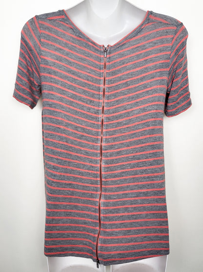 Club Monaco Pink and Grey Full-Zip Back Striped Tee - Size XS
