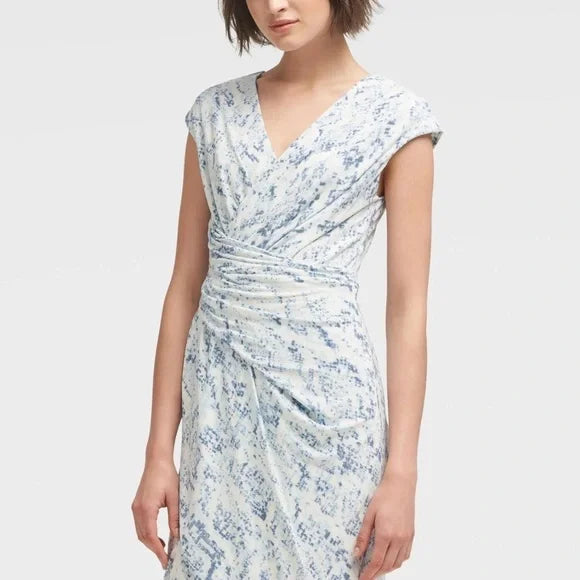 DKNY white and blue floral print ruched midi dress. Size small