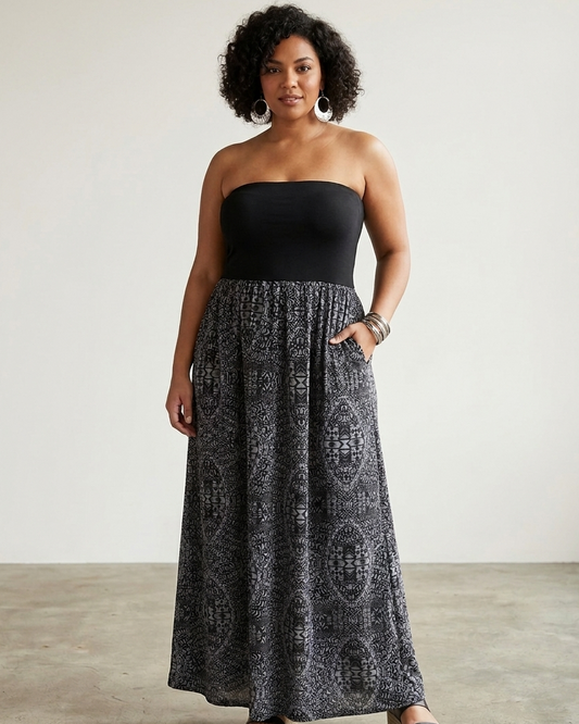 Ardene strapless black and grey patterned maxi dress | Size LARGE