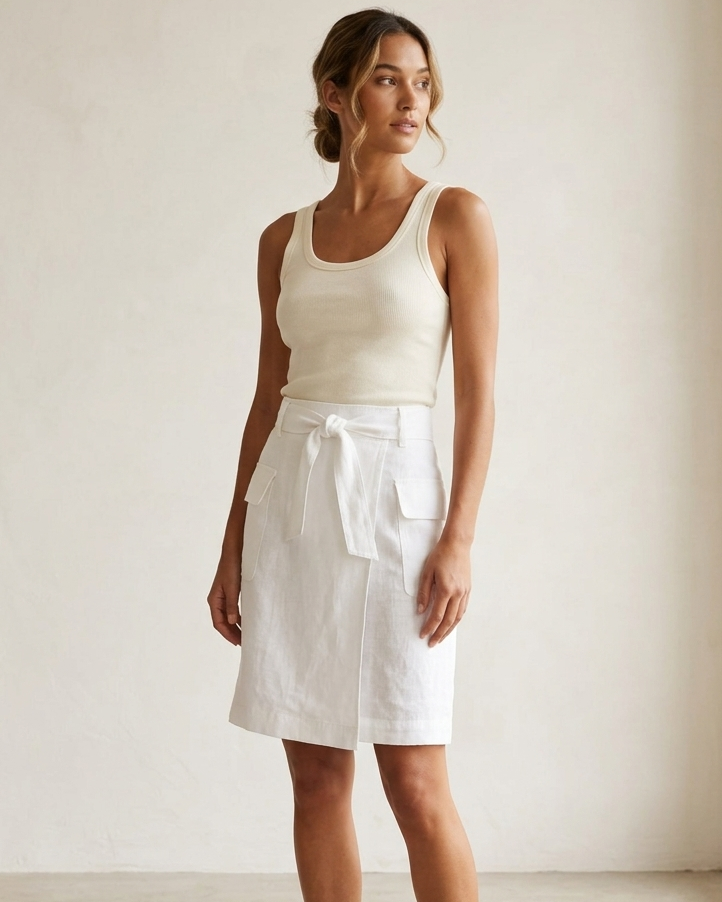 Lord and Taylor white 100%  linen wrap style utility pencil skirt | Size 6
