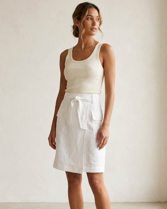 Lord and Taylor white 100%  linen wrap style utility pencil skirt | Size 6