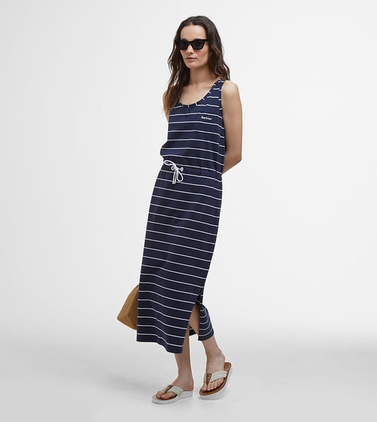 Barbour navy striped sleeveless dress with cinch waist. Size 10 - retails for $120 new