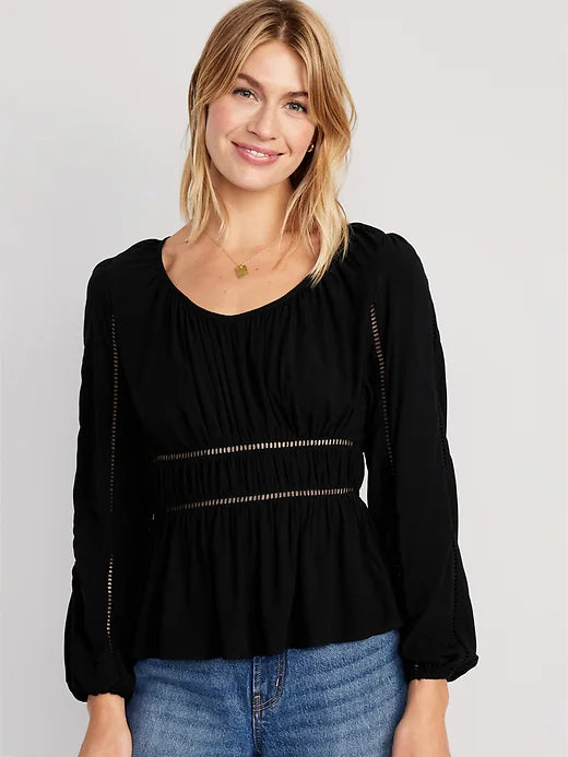 JLMB2 - Old Navy black long sleeved lace trim top. Size medium