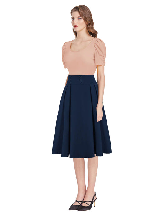 JLMB2 - Belle Poque navy vintage inspired A-line midi swing skirt. Size large